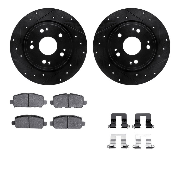 8512-59097 Drilled/Slotted Brake Rotors w/5000 Advanced Brake Pads Kit & Hardware [Black], 2016-2016 Acura/Honda, Position: Rear