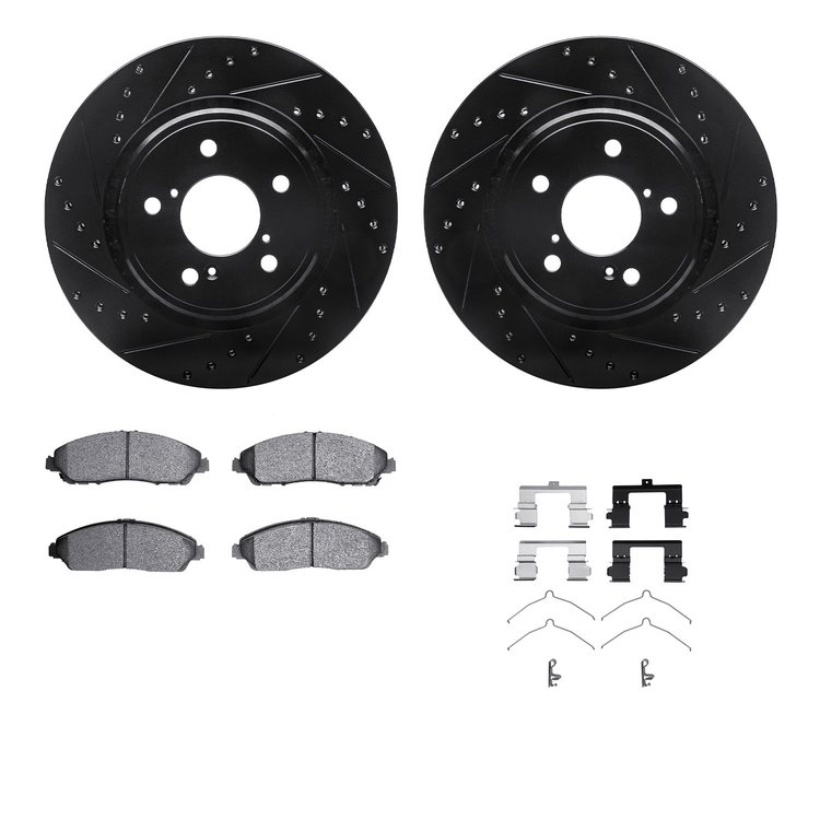8512-59101 Drilled/Slotted Brake Rotors w/5000 Advanced Brake Pads Kit & Hardware [Black], Fits Select Acura/Honda, Position: Fr