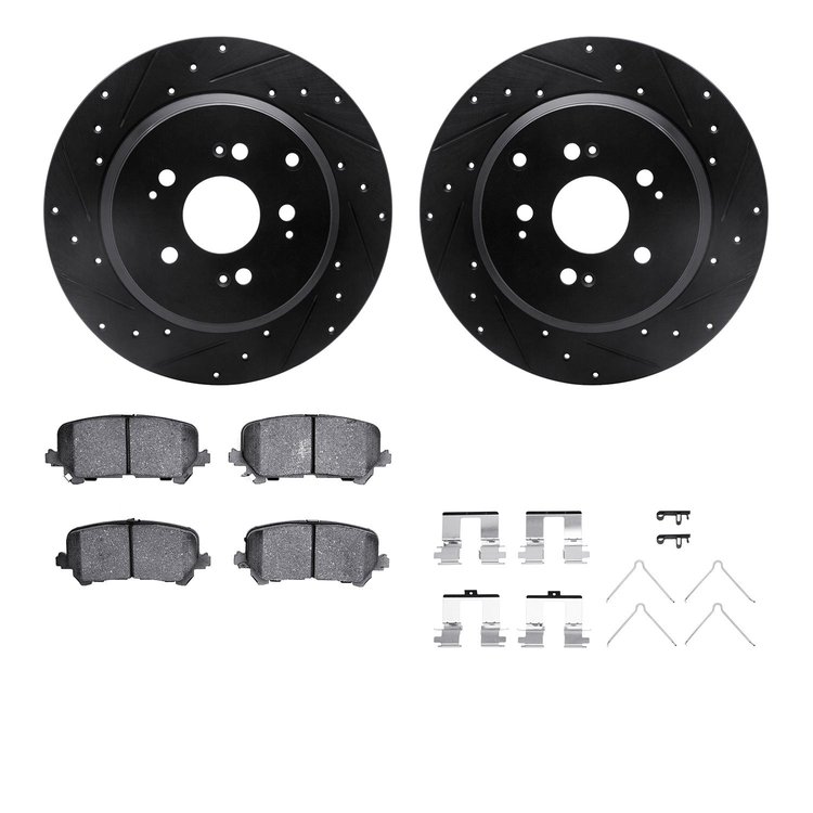 8512-59102 Drilled/Slotted Brake Rotors w/5000 Advanced Brake Pads Kit & Hardware [Black], 2007-2017 Acura/Honda, Position: Rear