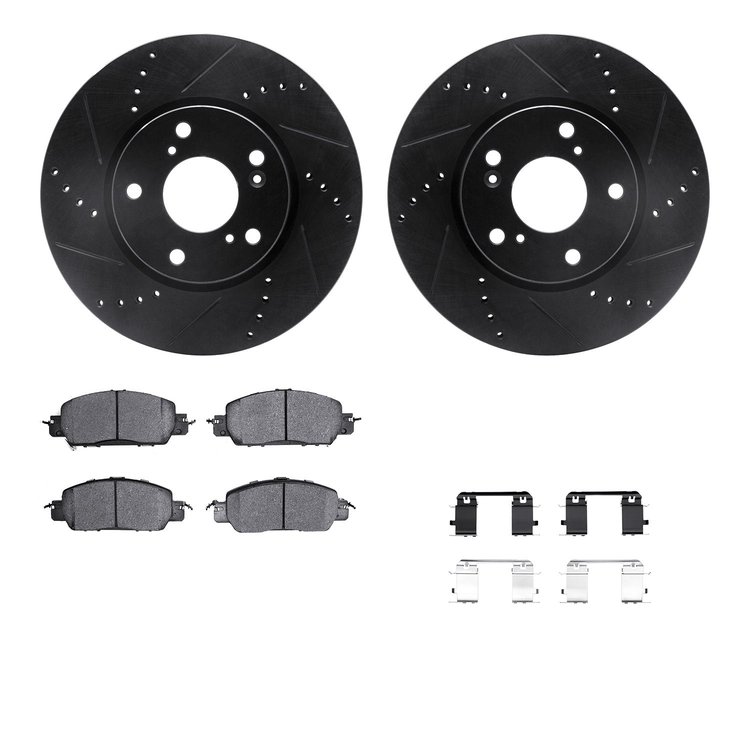 8512-59108 Drilled/Slotted Brake Rotors w/5000 Advanced Brake Pads Kit & Hardware [Black], 2016-2017 Acura/Honda, Position: Fron