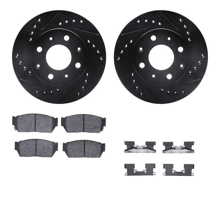 8512-59112 Drilled/Slotted Brake Rotors w/5000 Advanced Brake Pads Kit & Hardware [Black], 1983-1983 Acura/Honda, Position: Fron