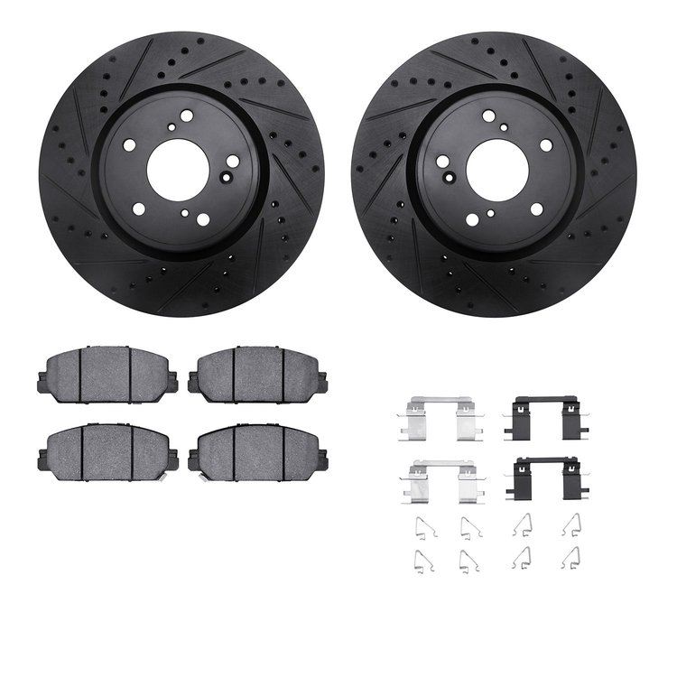 8512-59115 Drilled/Slotted Brake Rotors w/5000 Advanced Brake Pads Kit & Hardware [Black], Fits Select Acura/Honda, Position: Fr