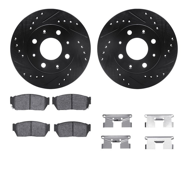 8512-59118 Drilled/Slotted Brake Rotors w/5000 Advanced Brake Pads Kit & Hardware [Black], 1984-1987 Acura/Honda, Position: Fron
