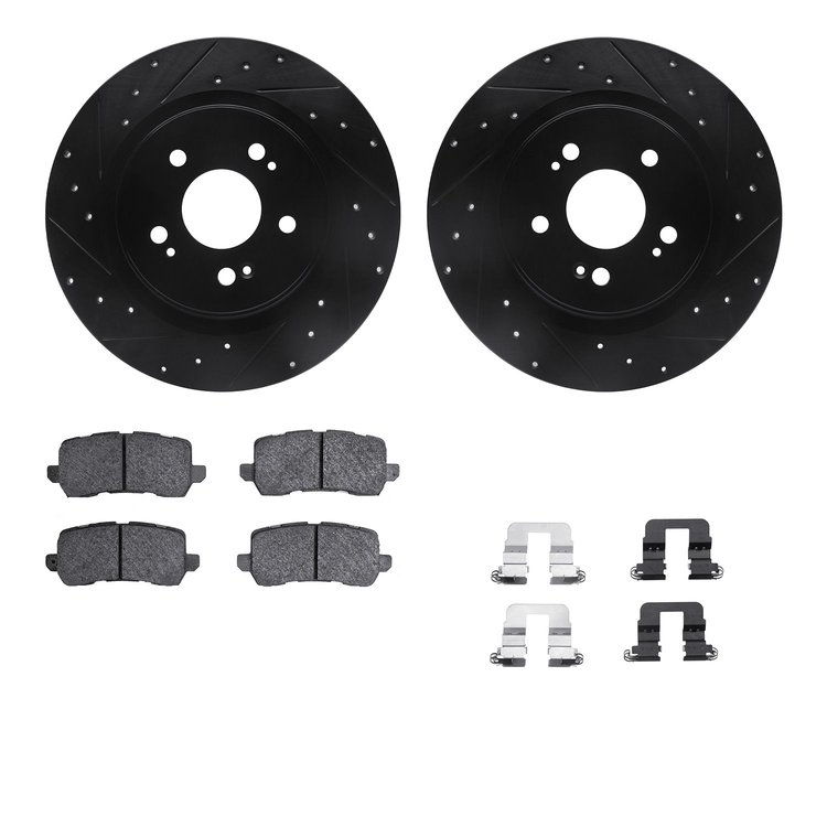 8512-59121 Drilled/Slotted Brake Rotors w/5000 Advanced Brake Pads Kit & Hardware [Black], Fits Select Acura/Honda, Position: Re