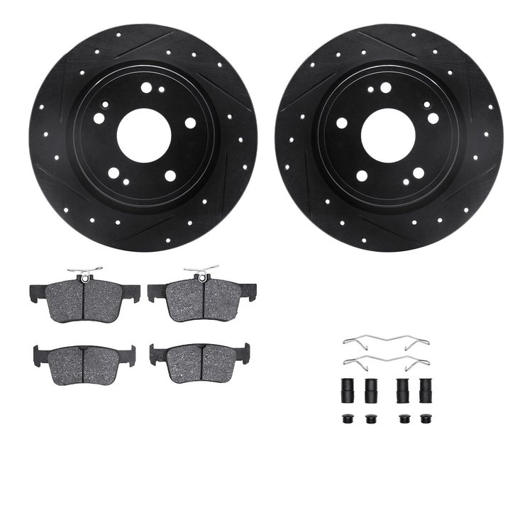 8512-59128 Drilled/Slotted Brake Rotors w/5000 Advanced Brake Pads Kit & Hardware [Black], Fits Select Acura/Honda, Position: Re