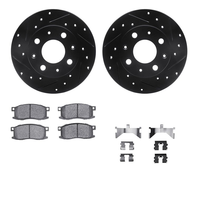 8512-59129 Drilled/Slotted Brake Rotors w/5000 Advanced Brake Pads Kit & Hardware [Black], 1979-1982 Acura/Honda, Position: Fron