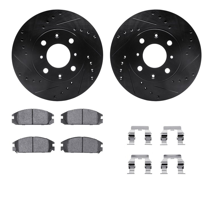8512-59159 Drilled/Slotted Brake Rotors w/5000 Advanced Brake Pads Kit & Hardware [Black], 1986-1989 Acura/Honda, Position: Fron