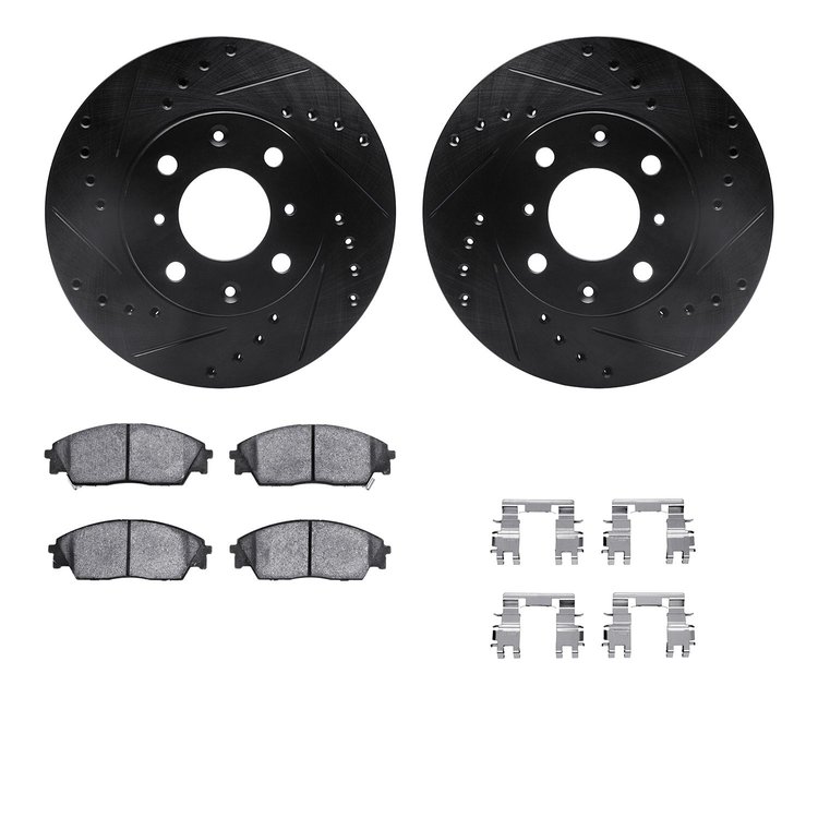 8512-59161 Drilled/Slotted Brake Rotors w/5000 Advanced Brake Pads Kit & Hardware [Black], 1988-1991 Acura/Honda, Position: Fron