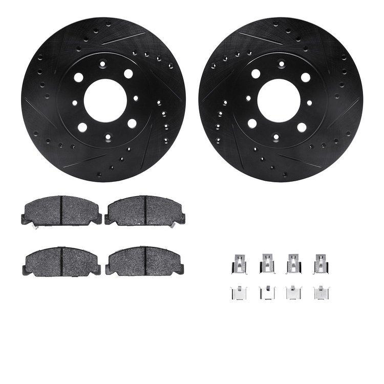 8512-59162 Drilled/Slotted Brake Rotors w/5000 Advanced Brake Pads Kit & Hardware [Black], 1988-1989 Acura/Honda, Position: Fron