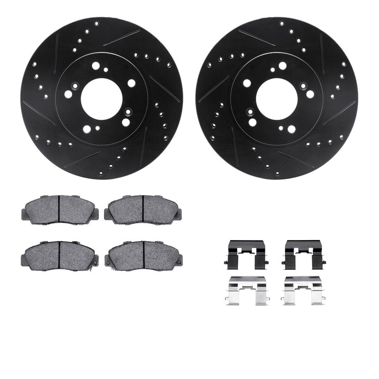 8512-59313 Drilled/Slotted Brake Rotors w/5000 Advanced Brake Pads Kit & Hardware [Black], 1997-2001 Acura/Honda, Position: Fron