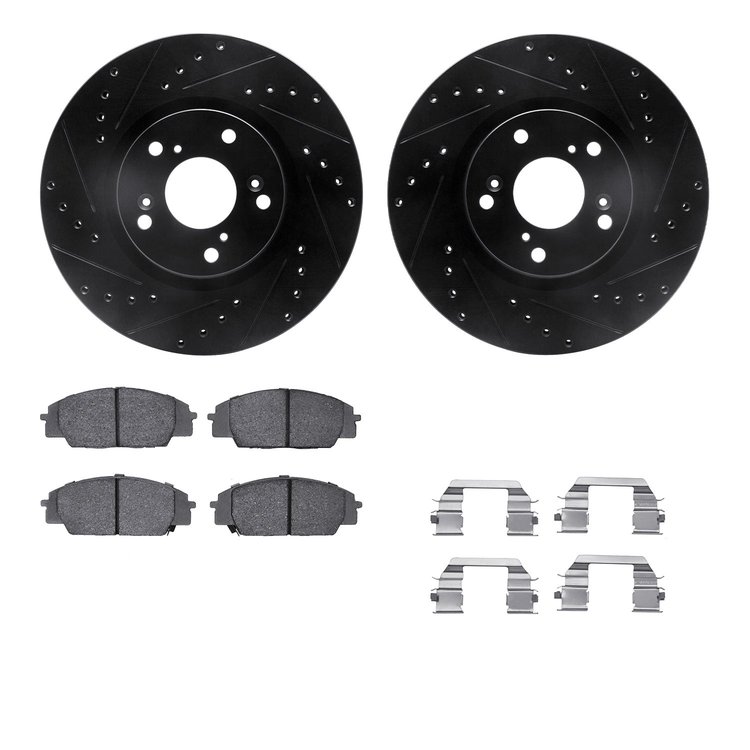 8512-59358 Drilled/Slotted Brake Rotors w/5000 Advanced Brake Pads Kit & Hardware [Black], 2002-2007 Acura/Honda, Position: Fron