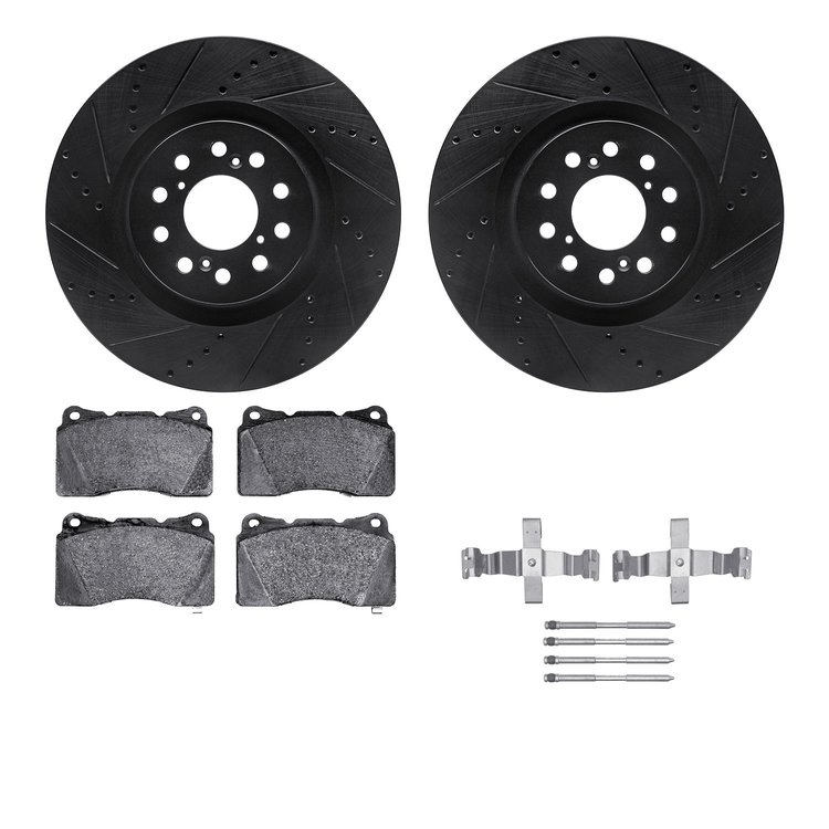 8512-59476 Drilled/Slotted Brake Rotors w/5000 Advanced Brake Pads Kit & Hardware [Black], 2020-2021 Acura/Honda, Position: Fron