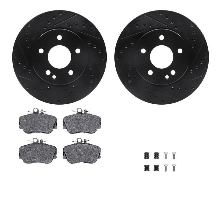 8512-63000 Drilled/Slotted Brake Rotors w/5000 Advanced Brake Pads Kit & Hardware [Black], 1994-1997 Mercedes-Benz, Position: Fr