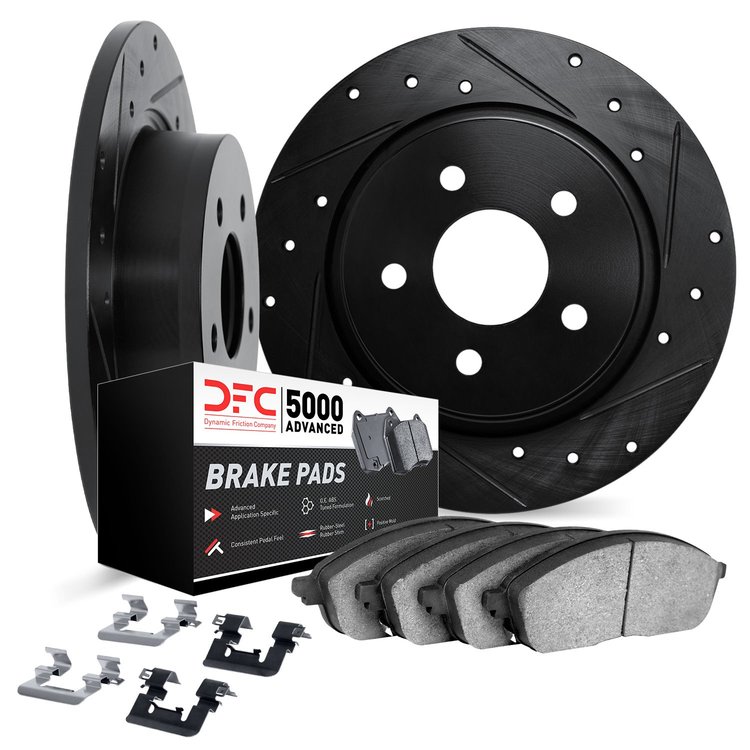 8512-63002 Drilled/Slotted Brake Rotors w/5000 Advanced Brake Pads Kit & Hardware [Black], 1963-1967 Mercedes-Benz, Position: Fr