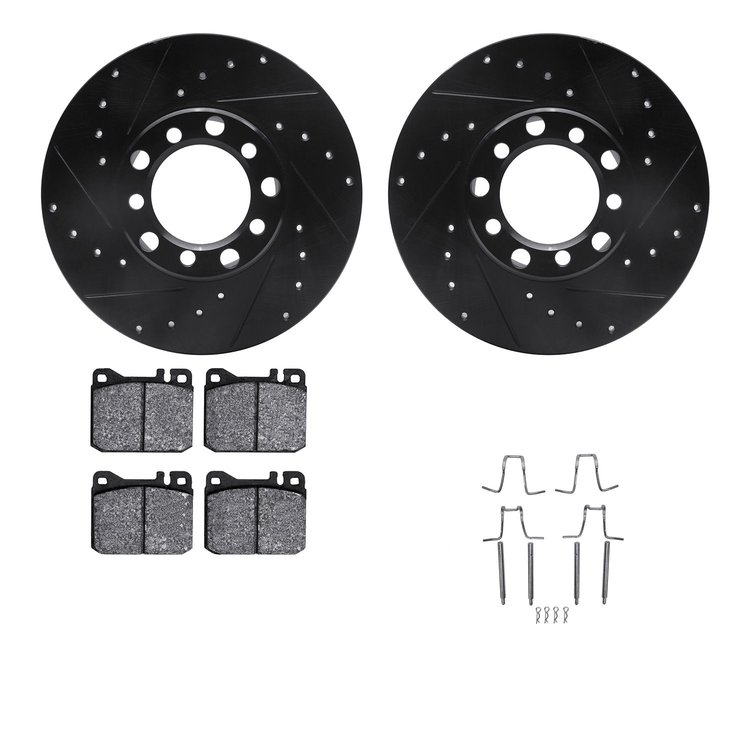 8512-63016 Drilled/Slotted Brake Rotors w/5000 Advanced Brake Pads Kit & Hardware [Black], 1976-1979 Mercedes-Benz, Position: Fr