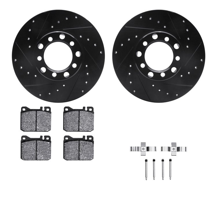 8512-63017 Drilled/Slotted Brake Rotors w/5000 Advanced Brake Pads Kit & Hardware [Black], 1973-1979 Mercedes-Benz, Position: Fr