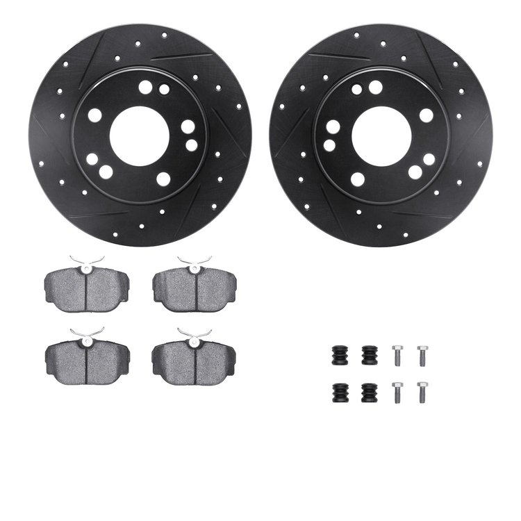 8512-63021 Drilled/Slotted Brake Rotors w/5000 Advanced Brake Pads Kit & Hardware [Black], 1984-1989 Mercedes-Benz, Position: Fr