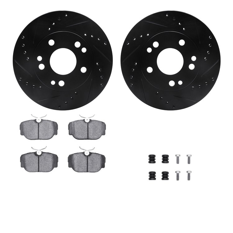 8512-63022 Drilled/Slotted Brake Rotors w/5000 Advanced Brake Pads Kit & Hardware [Black], 1987-1987 Mercedes-Benz, Position: Fr