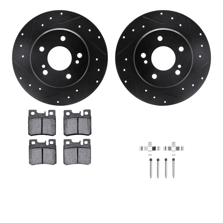 8512-63023 Drilled/Slotted Brake Rotors w/5000 Advanced Brake Pads Kit & Hardware [Black], 1987-2000 Mercedes-Benz, Position: Re