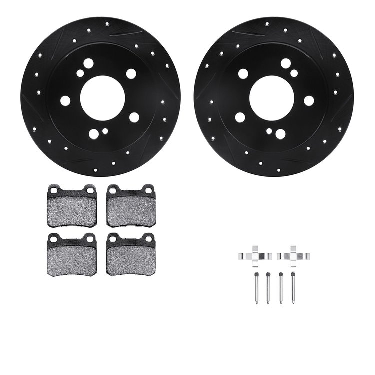 8512-63026 Drilled/Slotted Brake Rotors w/5000 Advanced Brake Pads Kit & Hardware [Black], 1984-1995 Mercedes-Benz, Position: Re