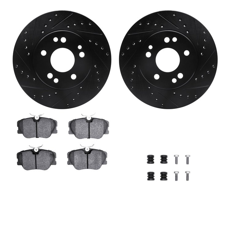 8512-63029 Drilled/Slotted Brake Rotors w/5000 Advanced Brake Pads Kit & Hardware [Black], 1984-1995 Mercedes-Benz, Position: Fr