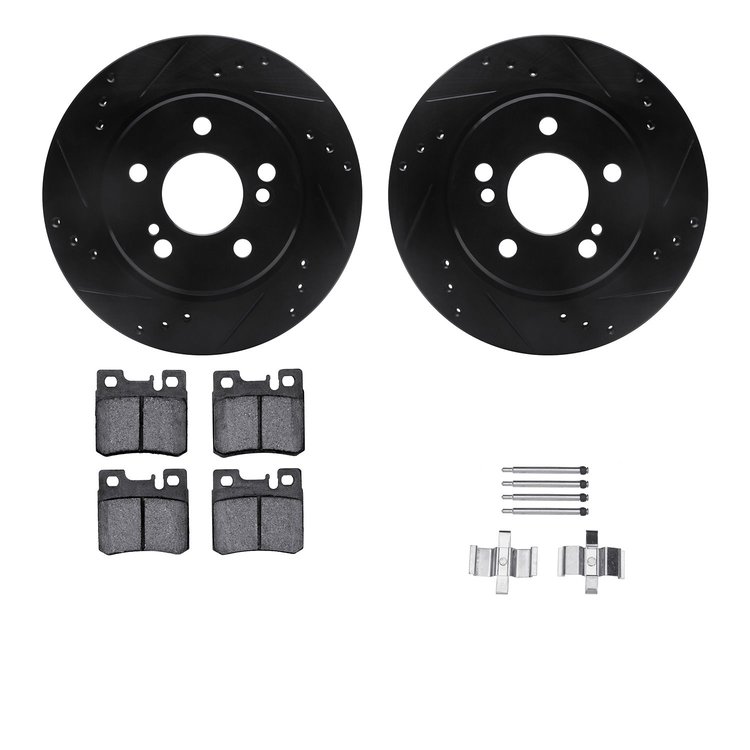 8512-63033 Drilled/Slotted Brake Rotors w/5000 Advanced Brake Pads Kit & Hardware [Black], 1992-1994 Mercedes-Benz, Position: Re