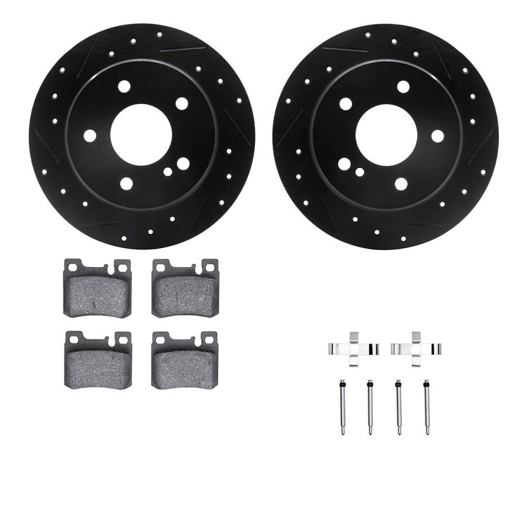8512-63036 Drilled/Slotted Brake Rotors w/5000 Advanced Brake Pads Kit & Hardware [Black], 1994-1995 Mercedes-Benz, Position: Re