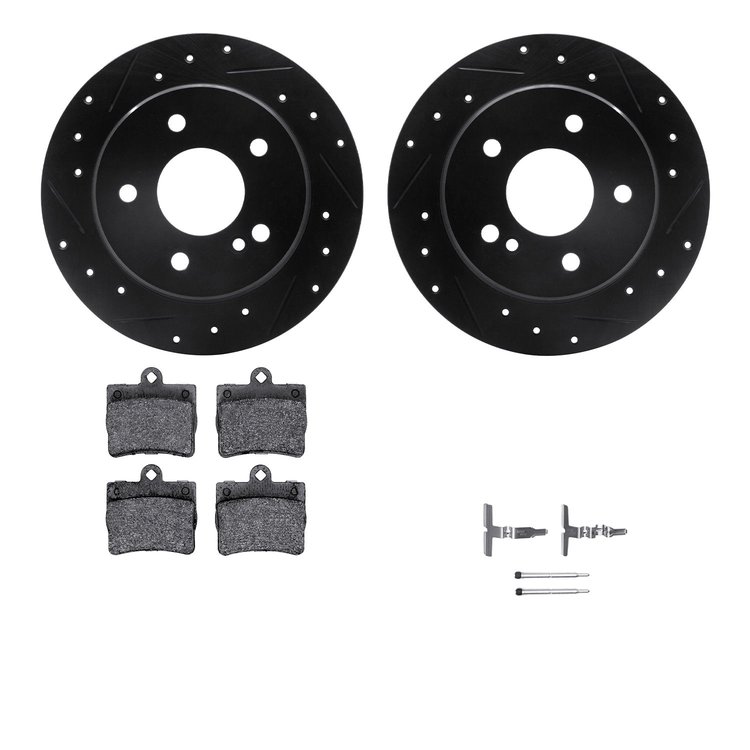 8512-63037 Drilled/Slotted Brake Rotors w/5000 Advanced Brake Pads Kit & Hardware [Black], 1994-1998 Mercedes-Benz, Position: Re