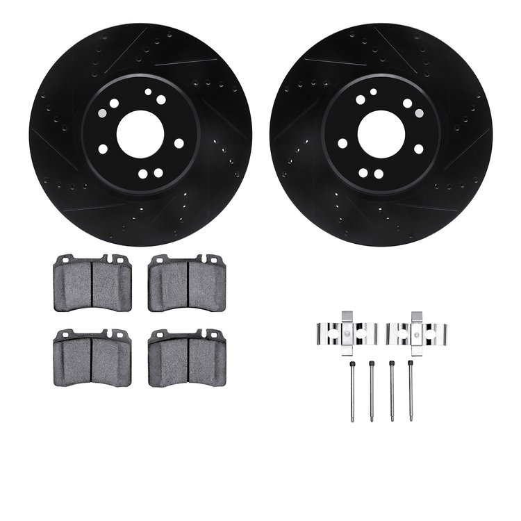 8512-63038 Drilled/Slotted Brake Rotors w/5000 Advanced Brake Pads Kit & Hardware [Black], 1994-2002 Mercedes-Benz, Position: Fr