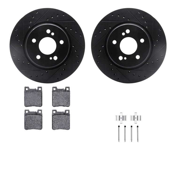 8512-63039 Drilled/Slotted Brake Rotors w/5000 Advanced Brake Pads Kit & Hardware [Black], 1993-2002 Mercedes-Benz, Position: Re