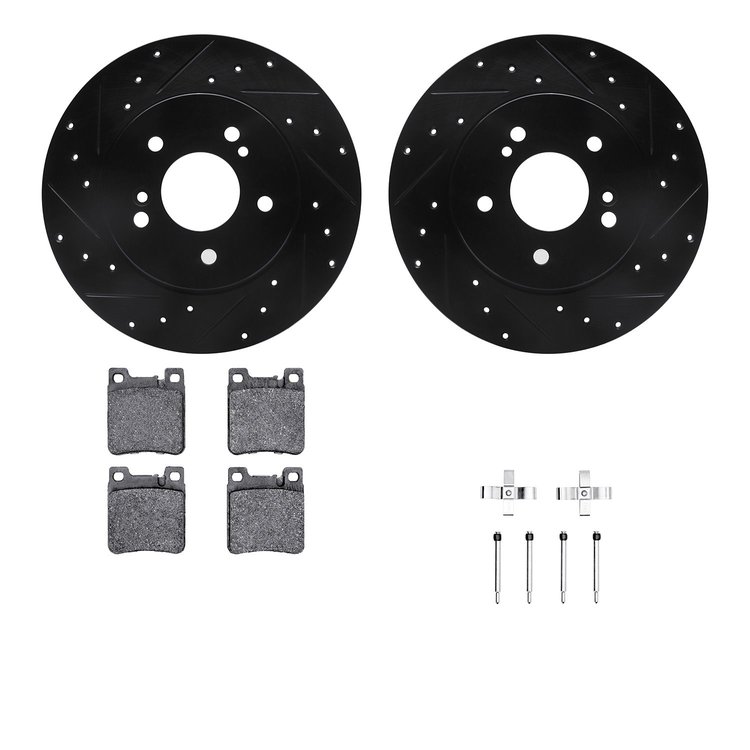 8512-63042 Drilled/Slotted Brake Rotors w/5000 Advanced Brake Pads Kit & Hardware [Black], 1996-1998 Mercedes-Benz, Position: Re