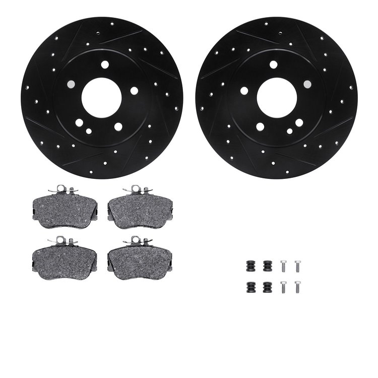 8512-63043 Drilled/Slotted Brake Rotors w/5000 Advanced Brake Pads Kit & Hardware [Black], 1997-1998 Mercedes-Benz, Position: Fr