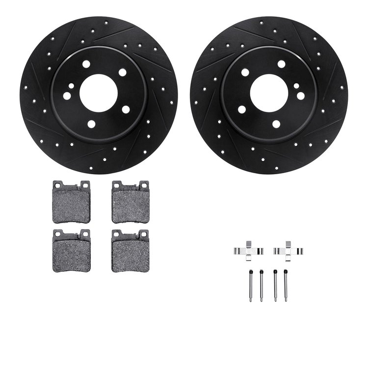 8512-63044 Drilled/Slotted Brake Rotors w/5000 Advanced Brake Pads Kit & Hardware [Black], 1998-2003 Mercedes-Benz, Position: Re