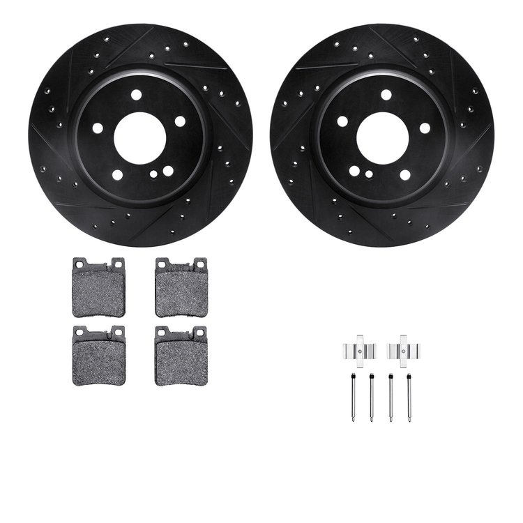 8512-63046 Drilled/Slotted Brake Rotors w/5000 Advanced Brake Pads Kit & Hardware [Black], 1998-2009 Multiple Makes/Models, Posi