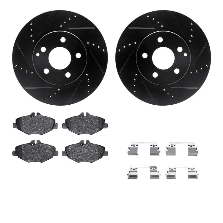 8512-63048 Drilled/Slotted Brake Rotors w/5000 Advanced Brake Pads Kit & Hardware [Black], 2003-2009 Mercedes-Benz, Position: Fr