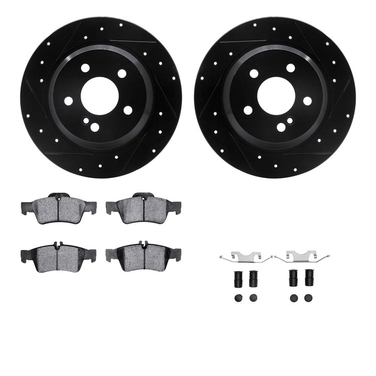8512-63049 Drilled/Slotted Brake Rotors w/5000 Advanced Brake Pads Kit & Hardware [Black], 2003-2009 Mercedes-Benz, Position: Re