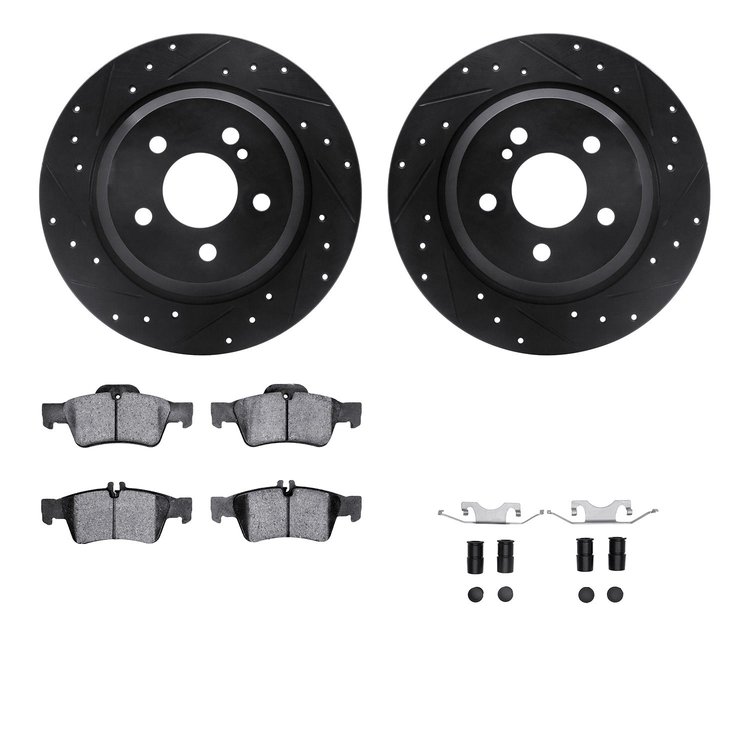 8512-63052 Drilled/Slotted Brake Rotors w/5000 Advanced Brake Pads Kit & Hardware [Black], 2003-2006 Mercedes-Benz, Position: Re