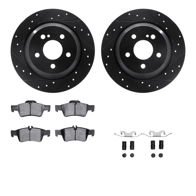 8512-63055 Drilled/Slotted Brake Rotors w/5000 Advanced Brake Pads Kit & Hardware [Black], 2007-2009 Mercedes-Benz, Position: Re