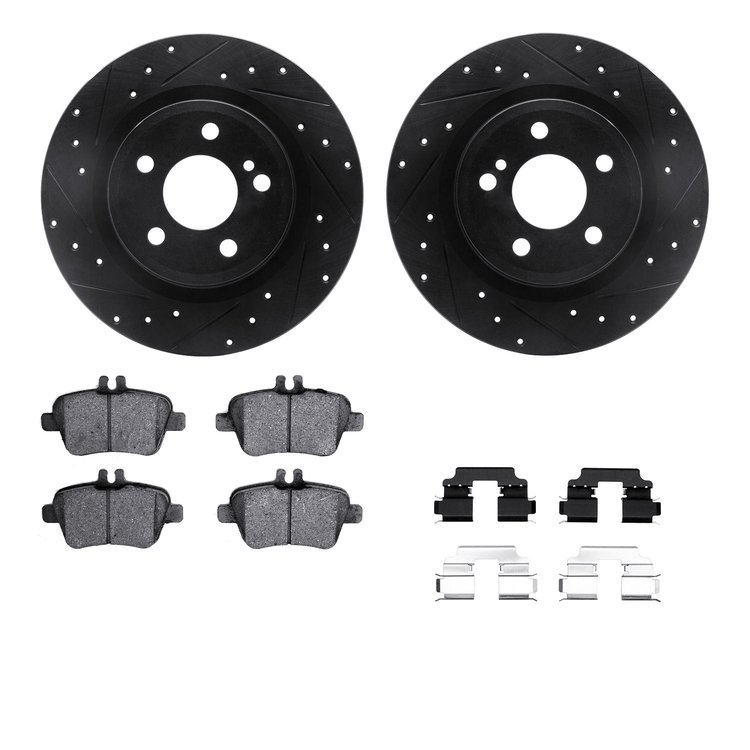 8512-63061 Drilled/Slotted Brake Rotors w/5000 Advanced Brake Pads Kit & Hardware [Black], 2017-2020 Mercedes-Benz, Position: Re