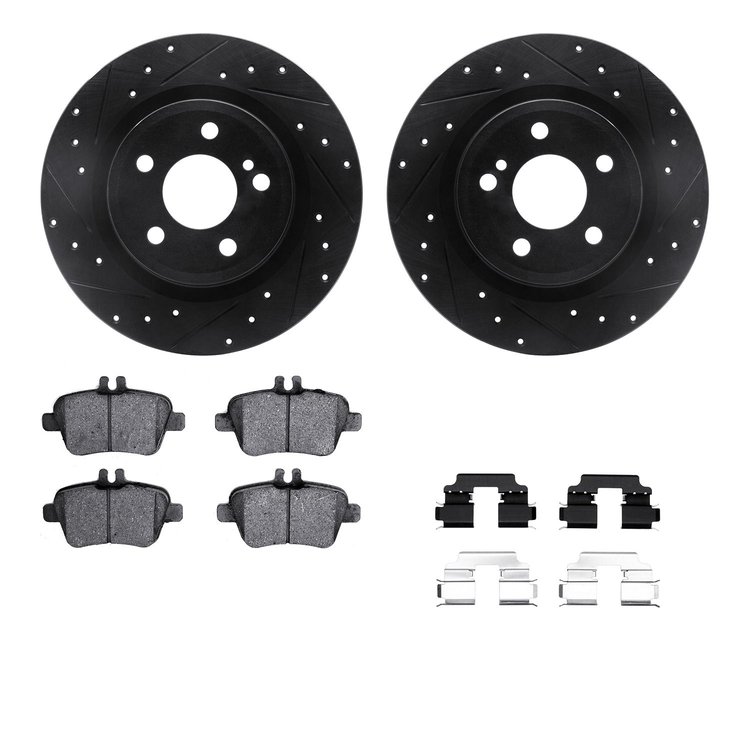 8512-63062 Drilled/Slotted Brake Rotors w/5000 Advanced Brake Pads Kit & Hardware [Black], 2012-2016 Mercedes-Benz, Position: Re