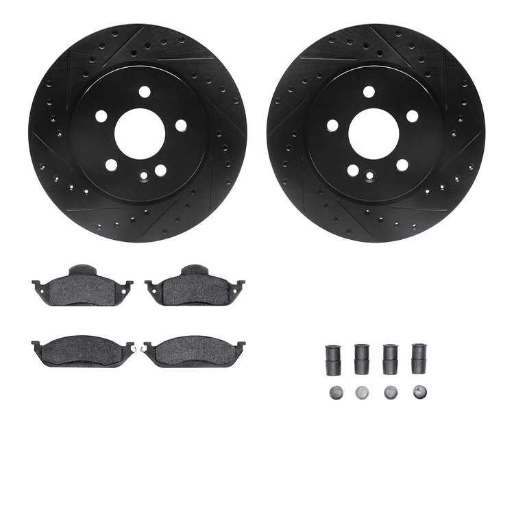 8512-63067 Drilled/Slotted Brake Rotors w/5000 Advanced Brake Pads Kit & Hardware [Black], 1998-2005 Mercedes-Benz, Position: Fr