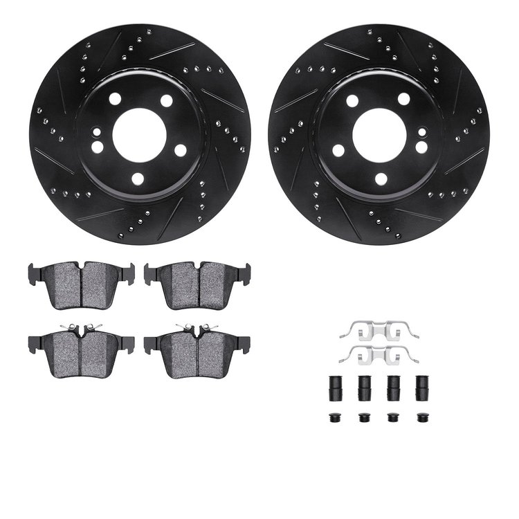 8512-63069 Drilled/Slotted Brake Rotors w/5000 Advanced Brake Pads Kit & Hardware [Black], Fits Select Mercedes-Benz, Position: 