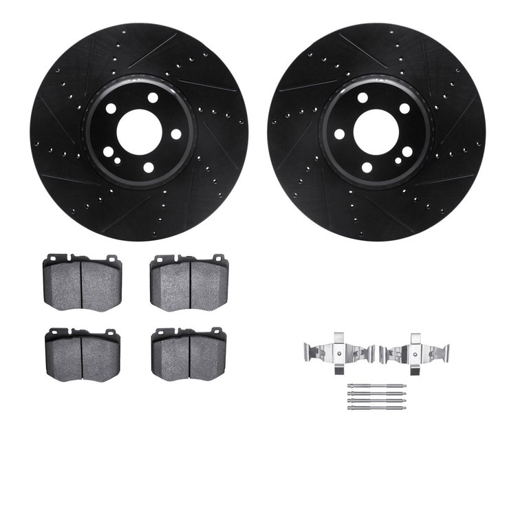 8512-63071 Drilled/Slotted Brake Rotors w/5000 Advanced Brake Pads Kit & Hardware [Black], Fits Select Mercedes-Benz, Position: 