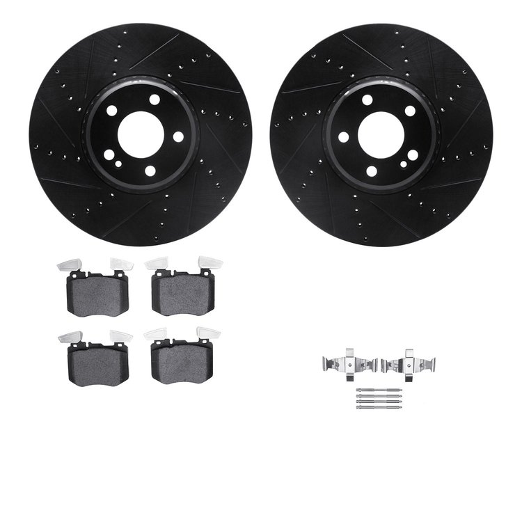8512-63072 Drilled/Slotted Brake Rotors w/5000 Advanced Brake Pads Kit & Hardware [Black], Fits Select Mercedes-Benz, Position: 