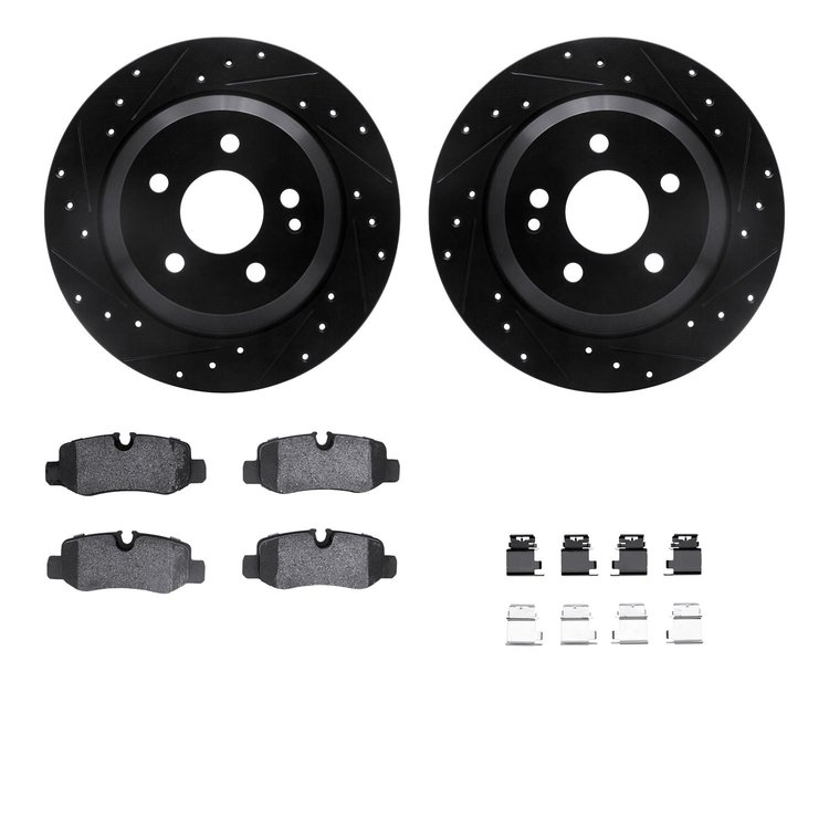 8512-63078 Drilled/Slotted Brake Rotors w/5000 Advanced Brake Pads Kit & Hardware [Black], Fits Select Mercedes-Benz, Position: 