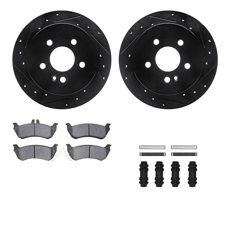 8512-63084 Drilled/Slotted Brake Rotors w/5000 Advanced Brake Pads Kit & Hardware [Black], 1998-2005 Mercedes-Benz, Position: Re