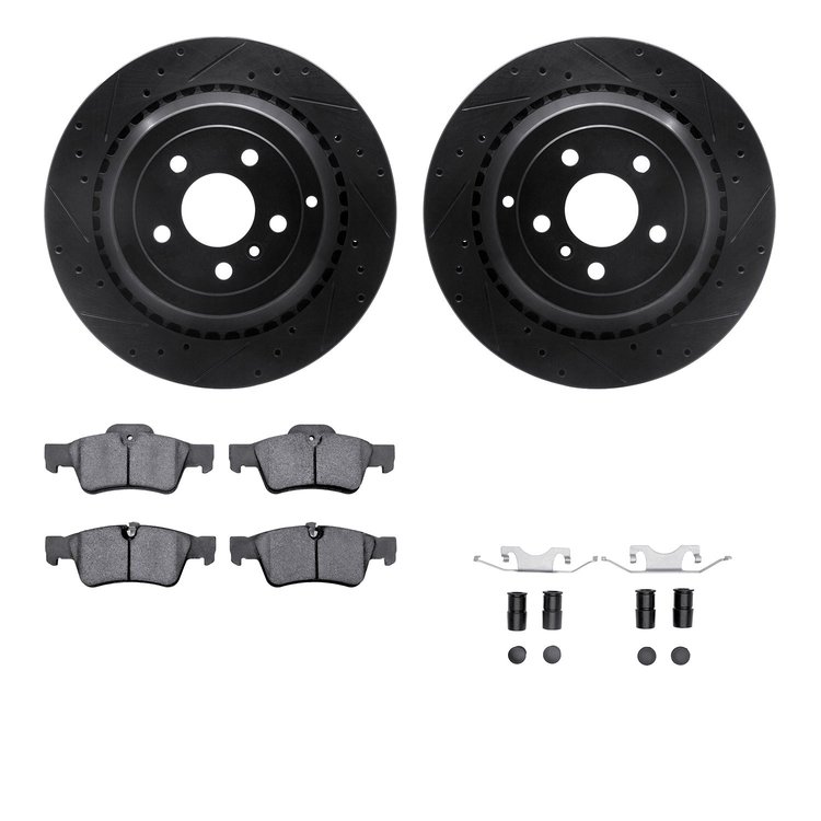 8512-63107 Drilled/Slotted Brake Rotors w/5000 Advanced Brake Pads Kit & Hardware [Black], 2006-2012 Mercedes-Benz, Position: Re