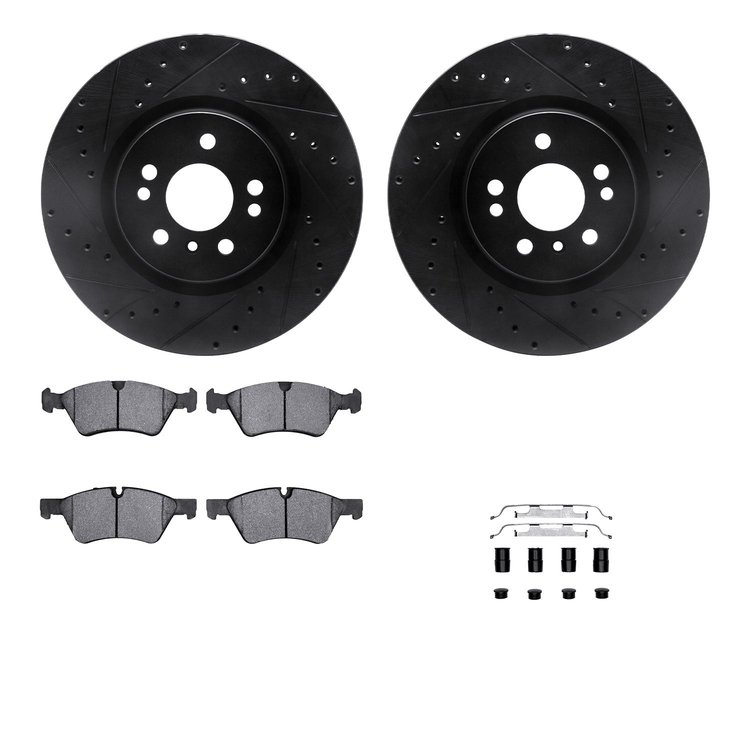 8512-63110 Drilled/Slotted Brake Rotors w/5000 Advanced Brake Pads Kit & Hardware [Black], 2006-2012 Mercedes-Benz, Position: Fr