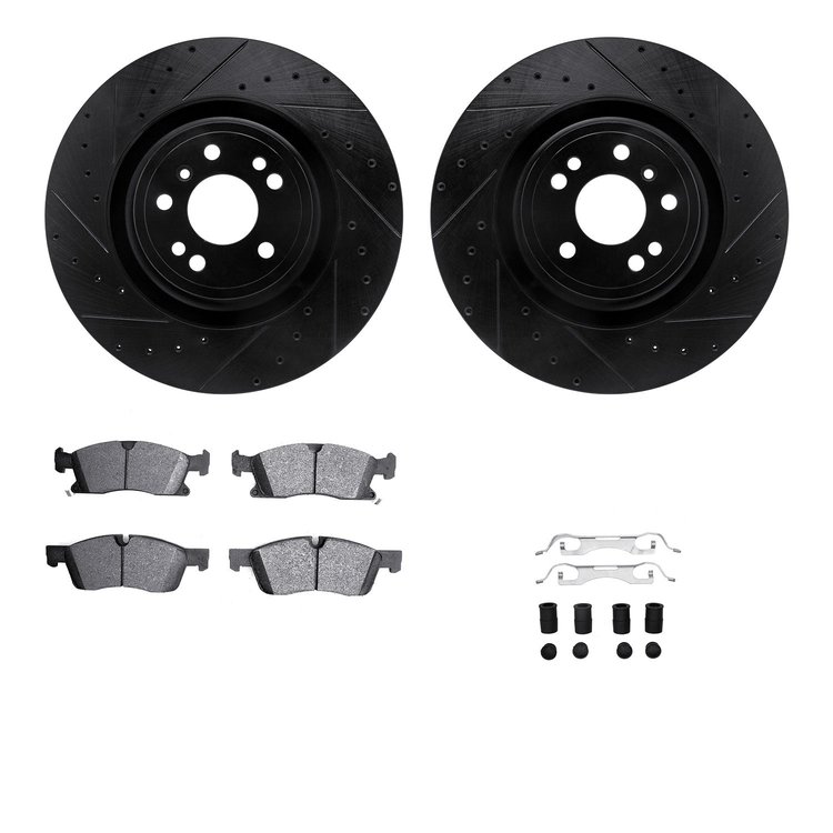 8512-63147 Drilled/Slotted Brake Rotors w/5000 Advanced Brake Pads Kit & Hardware [Black], 2017-2019 Mercedes-Benz, Position: Fr