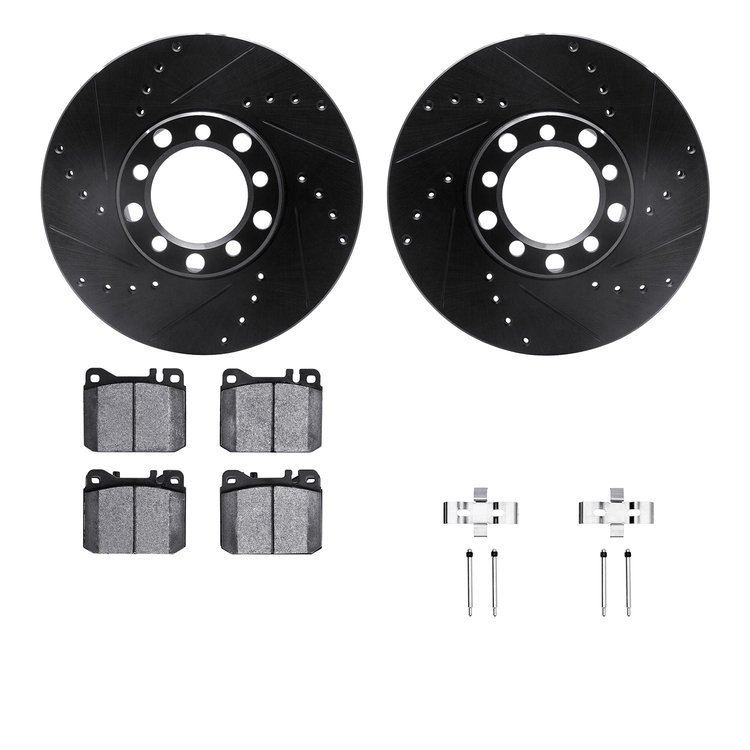 8512-63155 Drilled/Slotted Brake Rotors w/5000 Advanced Brake Pads Kit & Hardware [Black], 1979-1985 Mercedes-Benz, Position: Fr